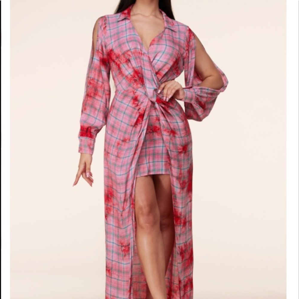 Tie-dye plaid print high-low maxi dress